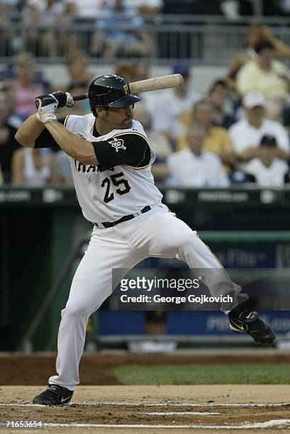 First baseman Xavier Nady of the Pittsburgh Pirates bats against the Atlanta Braves at PNC Park on August 1, 2006 in Pittsburgh, Pennsylvania. The...