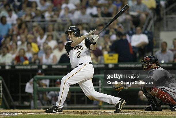 Shortstop Jack Wilson of the Pittsburgh Pirates bats against the Atlanta Braves at PNC Park on August 1, 2006 in Pittsburgh, Pennsylvania. The Braves...