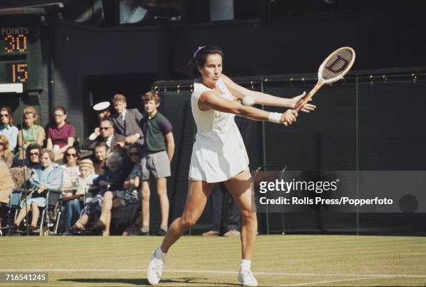 English tennis player Virginia Wade pictured in action during competition to reach the fourth round of the Women's Singles competition at the...