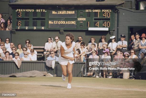 Australian tennis player Evonne Goolagong pictured in action in her third round match against Julie Heldman in June 1971 during competition to reach...