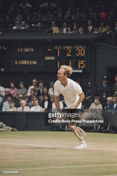 American tennis player Stan Smith pictured in action to win his fourth round match against Roy Emerson of Australia during competition to reach the...