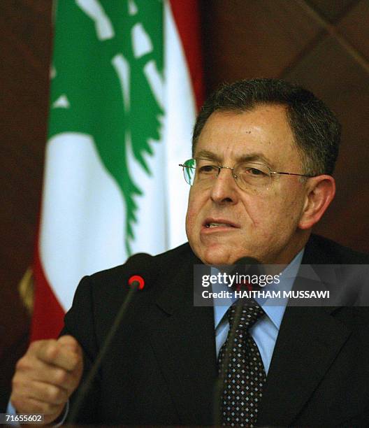 Lebanese Prime Minister Fuad Siniora holds a press conference 16 August 2006 in Beirut, after the cabinet announced the deployment of the Lebanese...