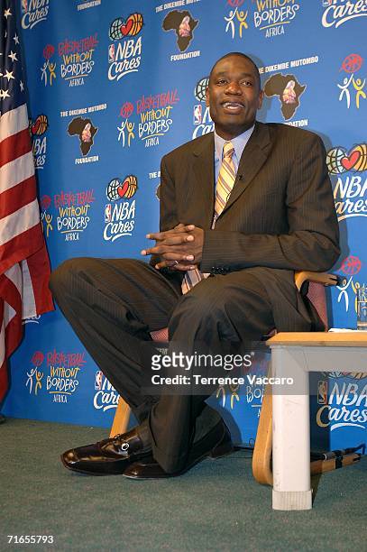 Dikembe Mutombo of the Houston Rockets speaks about the opening of the Biamba Marie Mutombo Hospital and Research Center to which he donated $15...