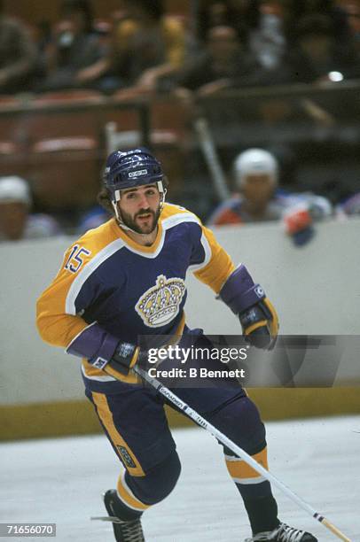 Canadian professional ice hockey player Daryl Evans of the Los Angeles Kings skates on the ice during a game against the New York Rangers, Madison...