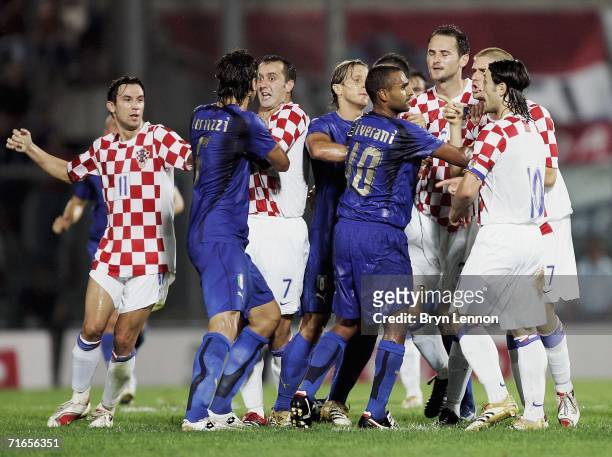 Dispute between the Italy and Croatia players breaks out during the International Friendly between Italy and Croatia at the Armando Picchi Stadium on...