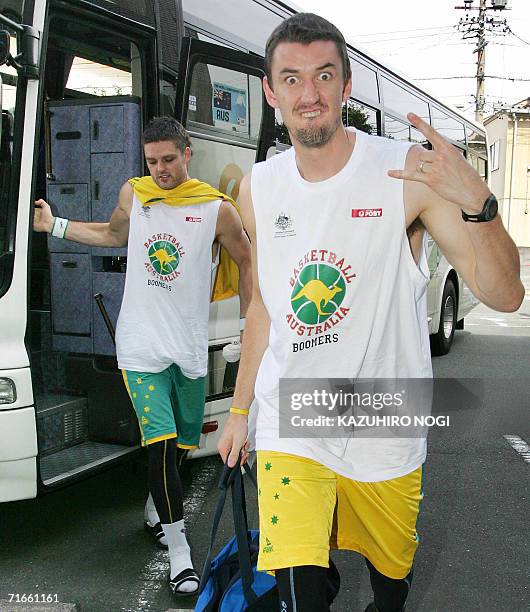 Australian basketball team forward Russell Hinder gestures for photographers upon the team's arrival at Hamamatsu Arena, in Shizuoka Prefecture, 17...