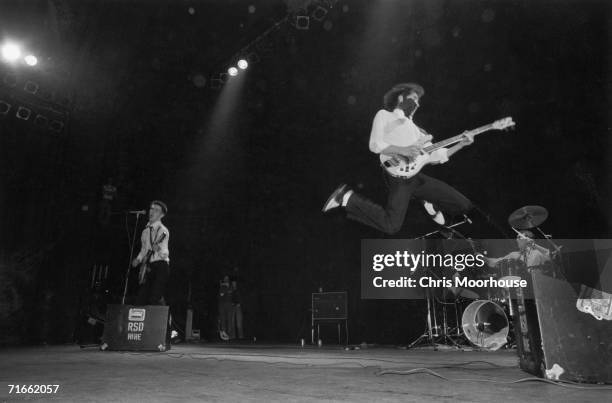 English punk/mod group The Jam on stage at the Rainbow Theatre, London, 10th May 1977. Left to right: Paul Weller, Bruce Foxton and Rick Buckler....