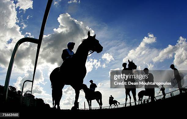 Jockeys get ready to enter the stalls prior to The Oxshott Handicap Stakes Race run at Sandown Park Racecourse on August 17, 2006 in Sandown, England.