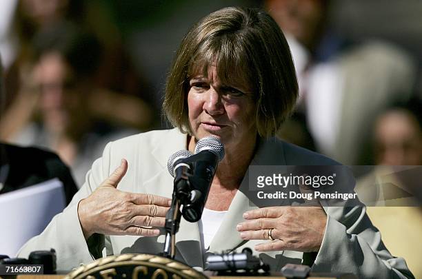 Boulder District Attorney Mary Lacy speaks during a press conference aboput the arrest of John Mark Karr in the JonBenet Ramsey murder case August...