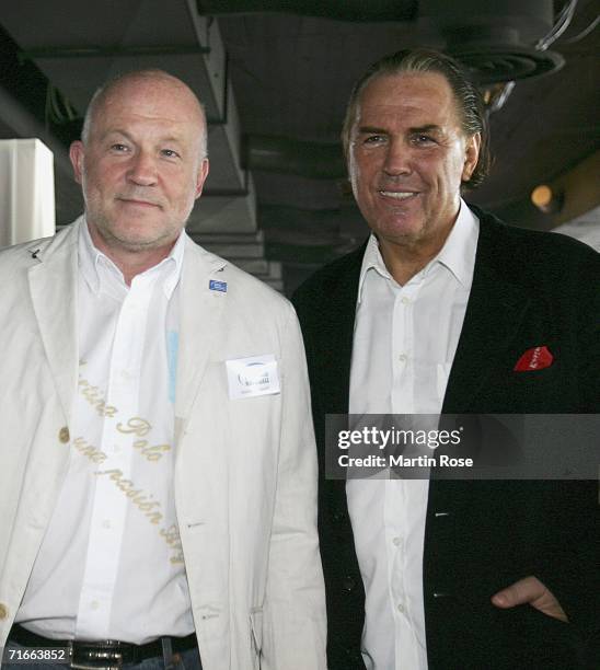 Andreas Rudolph president of Hamburg and Juergen Hunke President of the Hamburg Horse Race Club pose during the opening party of HSV Handball on...