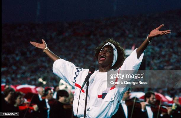 Singer and actress Whitney Houston sings the National Anthem at the 1991 Tampa, Florida, Superbowl XXV. Houston's rendition of the National Anthem...