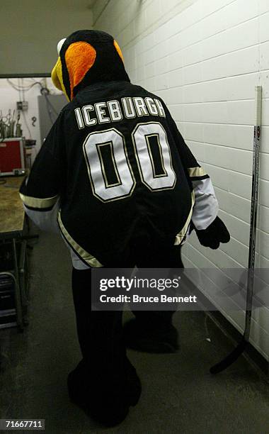 Mike Recktenwald walks the hallways as the Pittsburgh Penguins mascot "Iceburgh" during the Pittsburgh Penguins game against the New York Islanders...