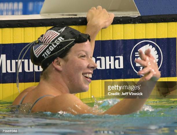 Kate Zeigler of the U.S. Celebrates after winning the women's 1500m freestyle final at the Pan Pacific Swimming Championships August 17, 2006 in...