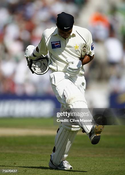 Imran Farhat of Pakistan kicks the ground after being dismissed by Matthew Hoggard of England during day two of the fourth npower test match between...