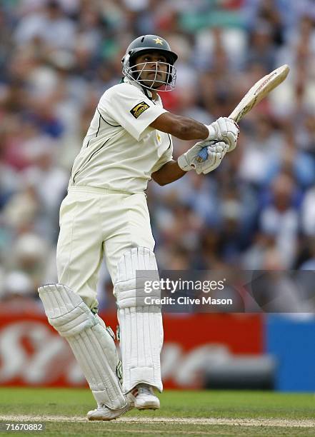 Mohammad Hafeez of Pakistan hits out during day two of the fourth npower test match between England and Pakistan at the Oval on August 18, 2006 in...