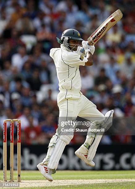 Mohammad Hafeez of Pakistan hits out during day two of the fourth npower test match between England and Pakistan at the Oval on August 18, 2006 in...