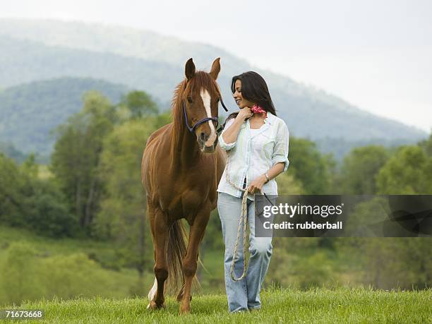 woman walking with a horse - blaze pattern animal marking stock pictures, royalty-free photos & images