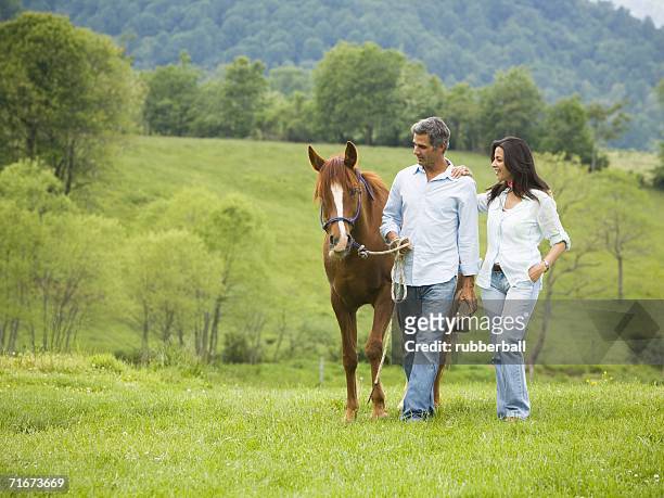 man and a woman walking with a horse - blaze pattern animal marking stock pictures, royalty-free photos & images