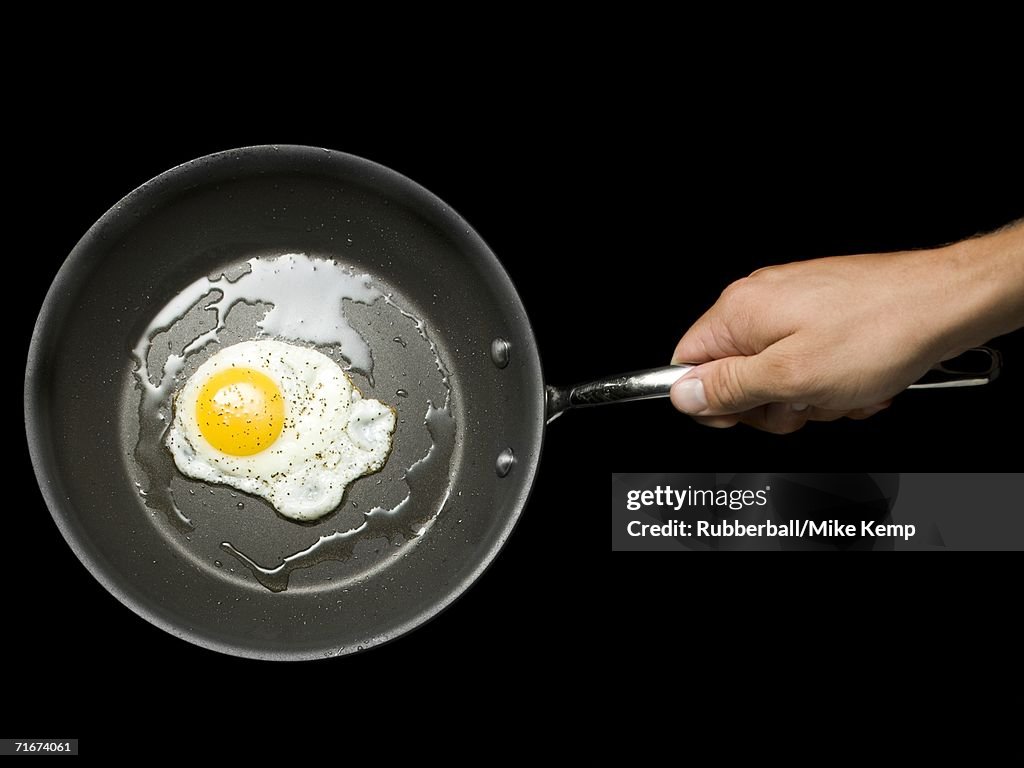 Close-up of a person's hand holding a frying pan with a fried egg
