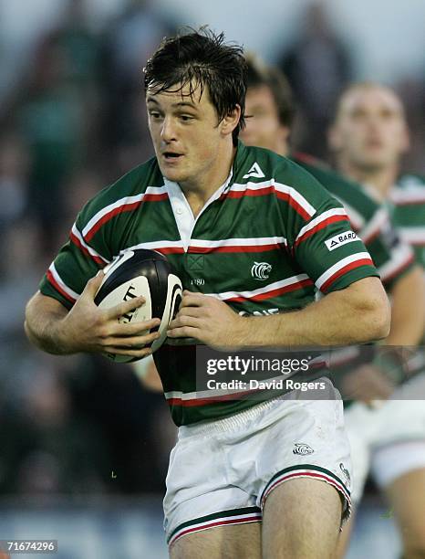 Matt Smith of Leicester Tigers charges forward with the ball pictured during the pre-seaon friendly match between Leicester Tigers and Toulon at...