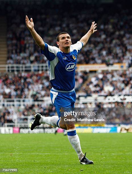 Lee McCulloch of Wigan celebrates his goal during the Barclays Premiership match between Newcastle United and Wigan Athletic at St.James Park on...