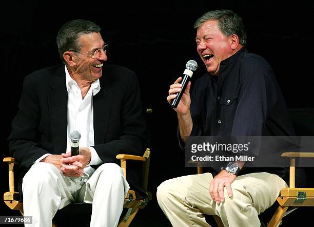 Actor/directors and original Star Trek series co-stars Leonard Nimoy and William Shatner laugh as they reminisce during their appearance at the fifth...