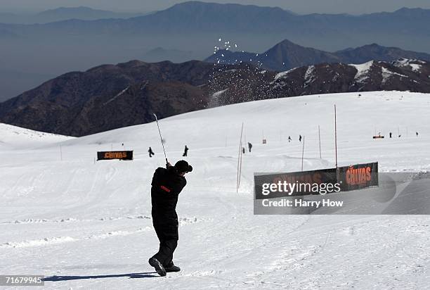 Alex Carroll hits practice on sixth hole during the Chivas Snow Golf Championship at La Parva Ski Resort on August 19, 2006 in Santiago, Chile. The...