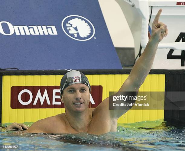 Aaron Peirsol of the USA celebrates after setting a new world record in the Men's 200m Backstroke final at the Pan Pacific Swimming Championships...