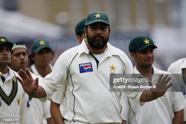 Inzamam-ul-Haq of Pakistan looks on after leading his players out during day four of the fourth npower test match between England and Pakistan at the...