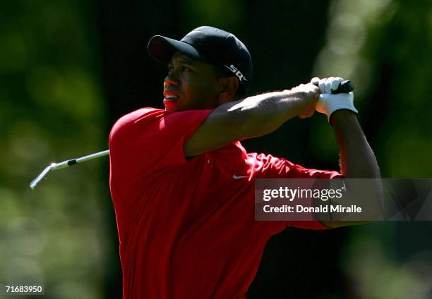 Tiger Woods hits from the ninth fairway during the final round of the 2006 PGA Championship at Medinah Country Club on August 20, 2006 in Medinah,...