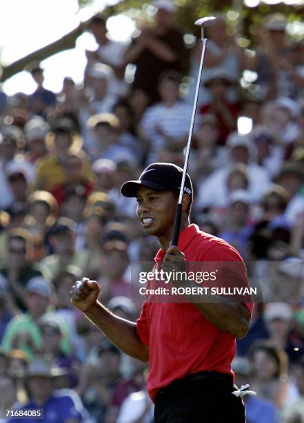 Medinah, UNITED STATES: Tiger Woods of the United States celebrates after sinking the winning putt on the 18th hole 20 August 2006 during the final...