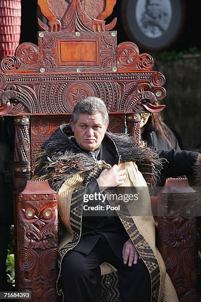 New Maori King Tuheitia Paki sits on the throne at his coronation at Turangawaeware Marae on August 21, 2006 in Ngaruawahia, New Zealand. King...