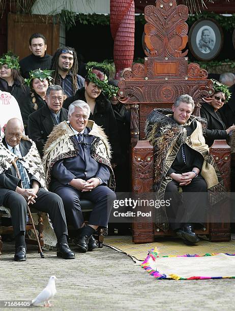 New Maori King Tuheitia Paki and mourners at the funeral of Queen Dame Te Atairangikaahu smile as they watch a dove at Turangawaeware Marae on August...
