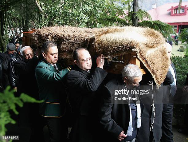 The coffin of Maori Queen Dame Te Atairangikaahu is taken from the Turangawaeware Marae on August 21, 2006 in Ngaruawahia, New Zealand. King Tuheitia...
