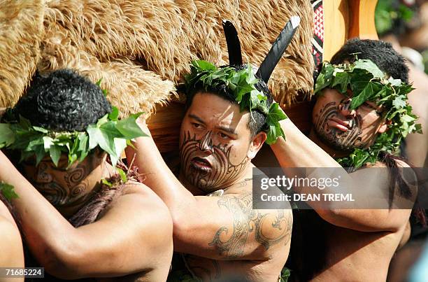 Maori Warriors carry the coffin of Queen Te Arikinui Dame Te Atairangikaahu to Mount Taupiri to her final resting place during her burial ceremony at...