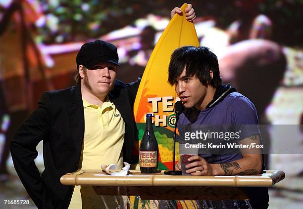 Musicians Andy Hurley and Pete Wentz of Fall Out Boy accept the award for Choice Rock Band onstage at the 8th Annual Teen Choice Awards at the Gibson...