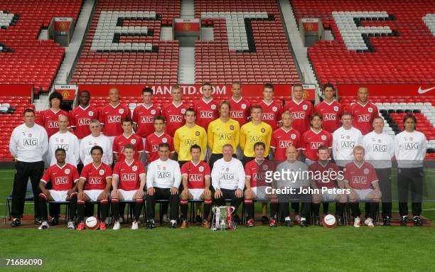 The Manchester United team line up during the official team photocall at Old Trafford on August 21 2006 in Manchester, England. Back Row : Ji-Sung...