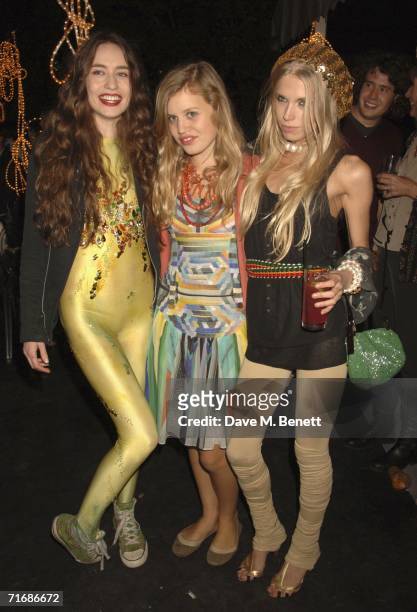 Model Elizabeth Jagger, Georgia Jagger and model Theodora Richards attend the Rolling Stones after show party at Ronnie Wood's home on August 20 in...