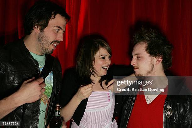 Actors Angus Sampson, Emily Barclay and Tom Budge pose together at the after show party following the 48th annual AFI Festival of Film gala opening...