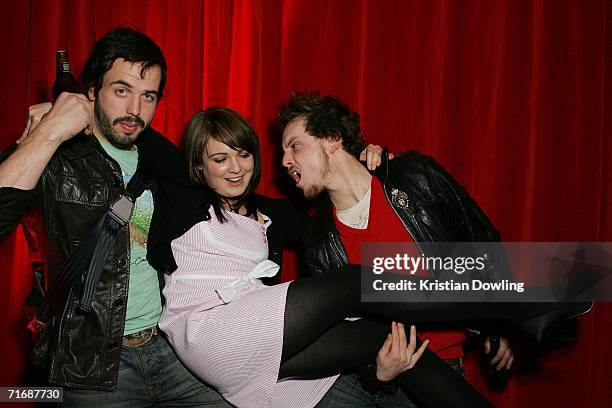 Actors Angus Sampson, Emily Barclay and Tom Budge pose together at the after show party following the 48th annual AFI Festival of Film gala opening...