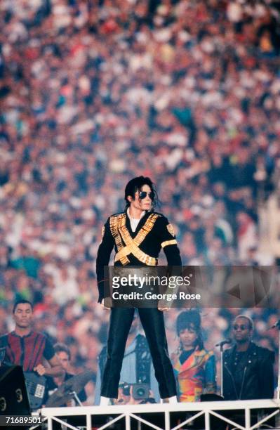 Singer Michael Jackson performs at the 1993 Pasadena, California, Superbowl XXVII halftime show. The "King of Pop" performed several songs including...