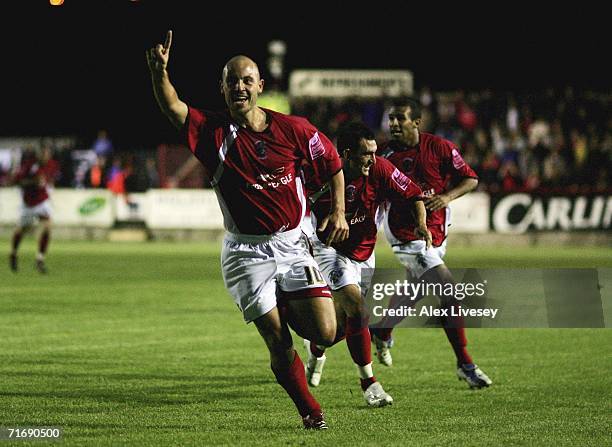 Paul Mullin of Accrington Stanley celebrates after scoring the opening goal against Nottingham Forest during the Carling Cup First Round match...