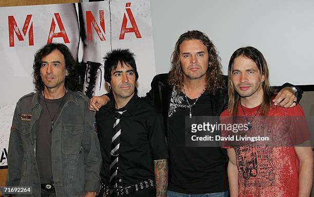 Musicians Juan Calleros, Alex Gonzalez, Fher Olvera and Sergio Vallin of Mana attend a press conference to celebrate the release of their new CD...