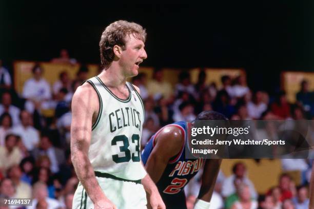 Larry Bird of the Boston Celtics playing against the Washington Bullets during a regular season game circa 1987 at the Capital Centre in Landover,...