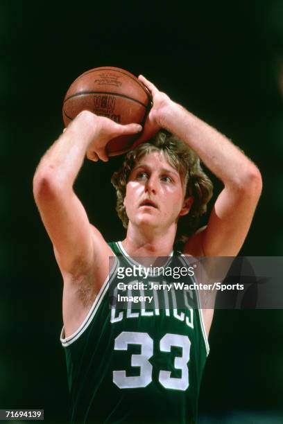 Larry Bird of the Boston Celtics playing against the Washington Bullets during a regular season game circa 1981 at the Capital Centre in Landover,...