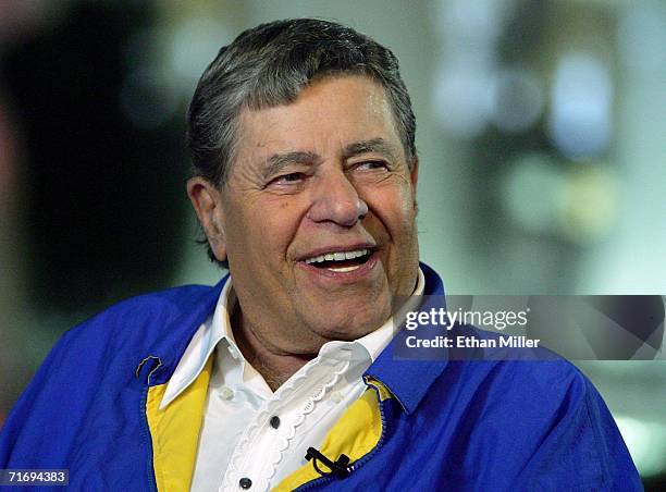 Entertainer Jerry Lewis smiles as he is interviewed before taping the show opener for the 41st annual Labor Day Telethon to benefit the Muscular...