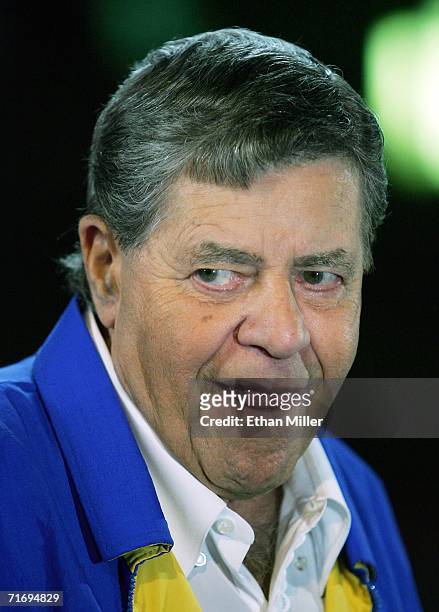 Entertainer Jerry Lewis is interviewed before taping the show opener for the 41st annual Labor Day Telethon to benefit the Muscular Dystrophy...