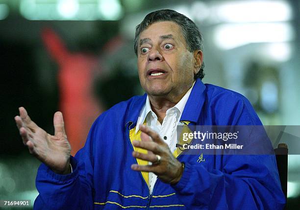 Entertainer Jerry Lewis is interviewed before taping the show opener for the 41st annual Labor Day Telethon to benefit the Muscular Dystrophy...