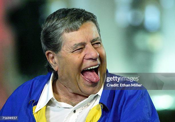 Entertainer Jerry Lewis laughs as he is interviewed before taping the show opener for the 41st annual Labor Day Telethon to benefit the Muscular...