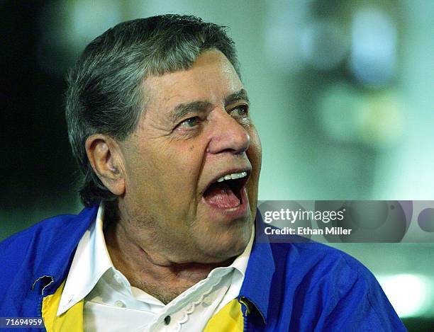 Entertainer Jerry Lewis laughs as he is interviewed before taping the show opener for the 41st annual Labor Day Telethon to benefit the Muscular...